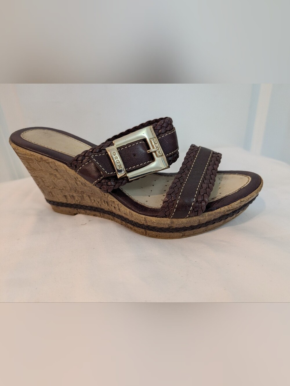 Geox Brown Braided Leather Wedge Sandals with Buckle